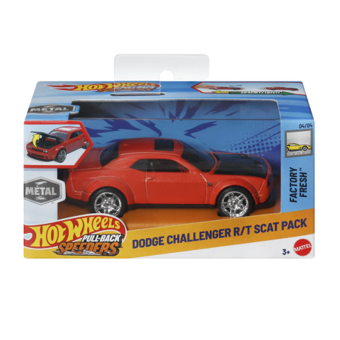Avioane si Elicoptere jucărie - HOT WHEELS MASINUTA METALICA CU SISTEM PULL BACK DODGE CHALLENGER R/T SCAT PACK FACTORY FRESH SCARA 1 LA 43