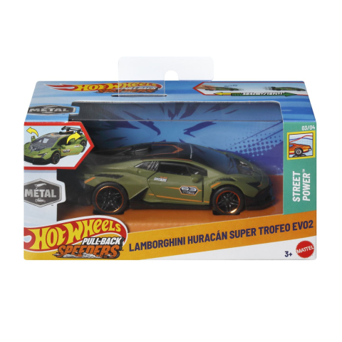 Avioane si Elicoptere jucărie - HOT WHEELS MASINUTA METALICA CU SISTEM PULL BACK LAMBORGHINI HURACAN SUPER TROFEO EVO2 STREET POWER SCARA 1 LA 43
