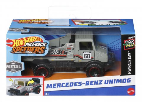 Jocuri si articole copii - HOT WHEELS MASINUTA METALICA CU SISTEM PULL BACK MERCEDES BENZ UNIMOG SCARA 1:43