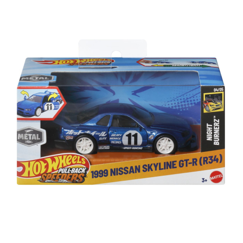 Avioane si Elicoptere jucărie - HOT WHEELS MASINUTA METALICA CU SISTEM PULL BACK NISSAN SKYLINE GT R R34 1999 NIGHT BURNERZ SCARA 1 LA 43