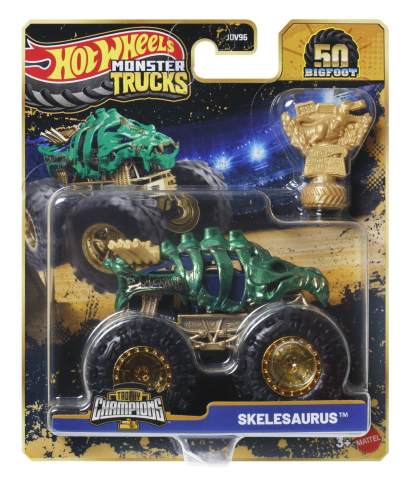 Jocuri si articole copii - HOT WHEELS MONSTER TRUCK 50 BIGFOOT TROPHY CHAMPIONS MASINUTA SKELESAURUS SCARA 1 LA 64