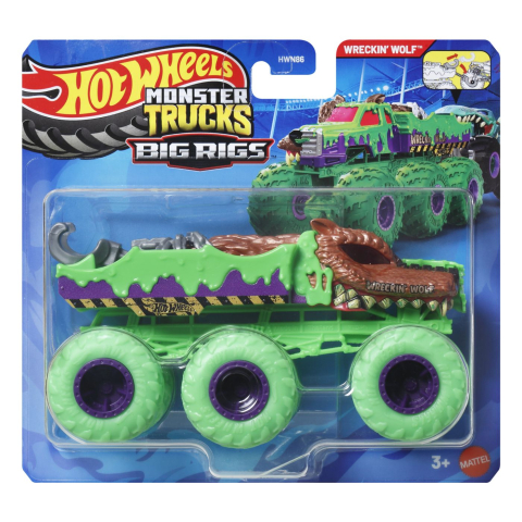 Vehicule și mașinuțe - HOT WHEELS MONSTER TRUCK BIG RIGS MASINUTA METALICA CU 6 ROTI WRECKIN WOLF SCARA 1 LA 64