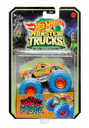 Masinute, Motociclete, Elicoptere, Avioane & Trenulete - Hot wheels monster truck glow in the dark masinuta podium crasher scara 1:64