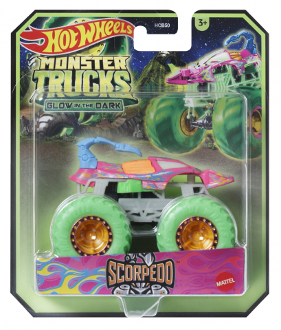 Jocuri si articole copii - Hot Wheels Monster Truck Glow In The Dark Masinuta Scorpedo Scara 1:64