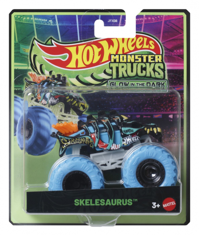 Jocuri si articole copii - HOT WHEELS MONSTER TRUCK GLOW IN THE DARK MASINUTA SKELESAURUS SCARA 1 LA 64