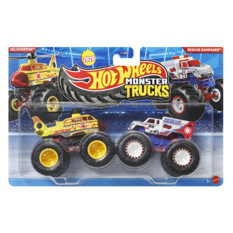 Vehicule și mașinuțe - HOT WHEELS MONSTER TRUCK SET 2 MASINI HELICHOPPER SI RESCUE RAMPAGER SCARA 1 LA 64