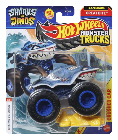 Avioane si Elicoptere jucărie - HOT WHEELS MONSTER TRUCK SHARKS VS DINOS MASINUTA GREAT BITE ECHIPA SHARK SCARA 1 LA 64