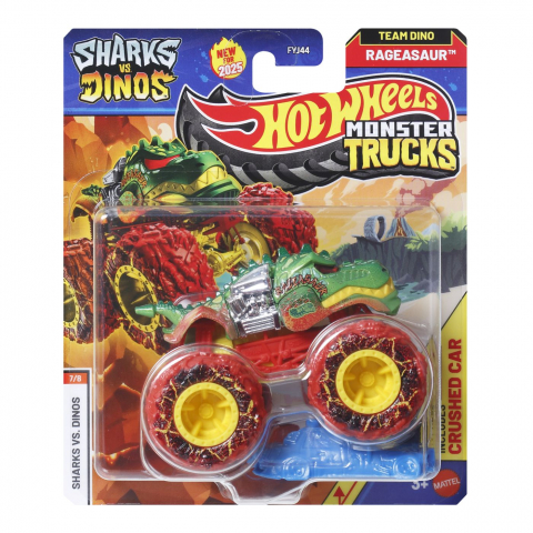 Jocuri si articole copii - HOT WHEELS MONSTER TRUCK SHARKS VS DINOS MASINUTA RAGEASAUR ECHIPA DINO SCARA 1 LA 64