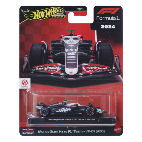 Jocuri si articole copii - HOT WHEELS PREMIUM REAL RIDERS FORMULA 1 2024 MASINUTA METALICA MONEYGRAM HAAS F1 TEAM VF 24 NUMARUL 20 SCARA 1 LA 64