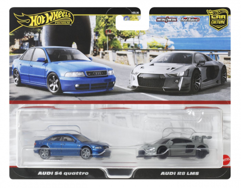 Jocuri si articole copii - HOT WHEELS PREMIUM SET 2 MASINUTE METALICE AUDI S4 QUATTRO SI AUDI R8 LMS SCARA 1:64