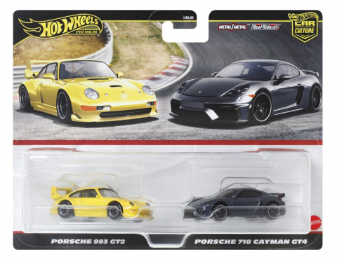 Jocuri si articole copii - HOT WHEELS PREMIUM SET 2 MASINUTE METALICE PORSCHE 993 GT2 SI PORSCHE 718 CAYMAN GT4 SCARA 1:64