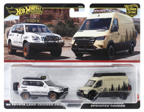 Jocuri si articole copii - Hot Wheels Premium Set 2 Masinute Metalice Toyota Land Cruiser Prado Si Mercedes Benz Sprinter Tourer Scara 1:64