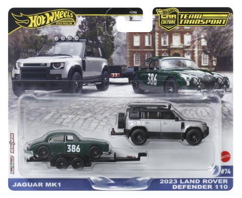 Masinute, Motociclete, Elicoptere, Avioane & Trenulete - HOT WHEELS TRANSPORTATOR LAND ROVER DEFENDER 110 2023 CU MASINUTA JAGUAR MK1 SCARA 1 LA 64