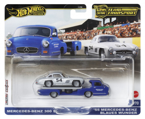 Jocuri si articole copii - HOT WHEELS TRANSPORTATOR  MERCEDES-BENZ 55 BLAUES WUNDER CU MASINUTA MERCEDES-BENZ 300 SL SCARA 1:64