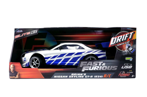 Vehicule și mașinuțe - JADA ELITE FAST AND FURIOUS MASINUTA RC CU TELECOMANDA BRIAN NISSAN SKYLINE GTR R34 SCARA 1 LA 10