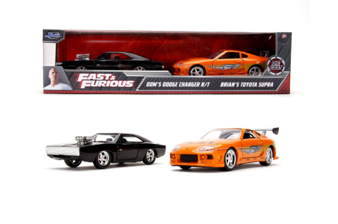 Vehicule și mașinuțe - JADA FAST AND FURIOUS SET 2 MASINUTE METALICE DOMS DODGE CHARGER RT SI BRIANS TOYOTA SUPRA SCARA 1 LA 32