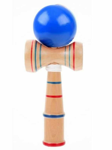 Jucării exterior pentru copii - Joc de Indemanare Kendama din lemn cu bila colorata albastra,16x6.5 cm