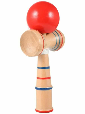 Jucării exterior pentru copii - Joc de Indemanare Kendama din lemn cu bila colorata rosu,16x6.5 cm