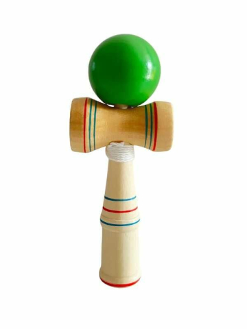 Jucării exterior pentru copii - Joc de Indemanare Kendama din lemn cu bila colorata verde,16x6.5 cm