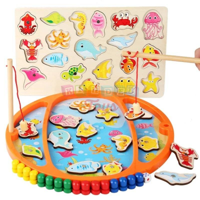 Jucarii din lemn - Joc educativ 3 in 1 de pescuit magnetic