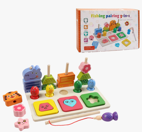Jocuri si Jucarii Educative - Joc educativ din lemn 3 in 1, sortator,pescuit si puzzle ,22x14 cm,+3 ani