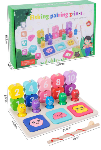Jocuri si articole copii - Joc educativ din lemn 3 in 1, sortator,pescuit si puzzle numere, 23x15 cm,+3 ani