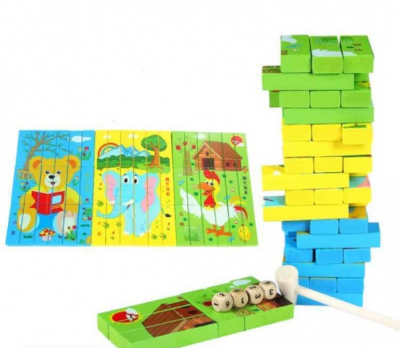 Jucarii din lemn - Joc interactiv 2 in 1 Jenga Turnul Instabil si Puzzle - 54 piese
