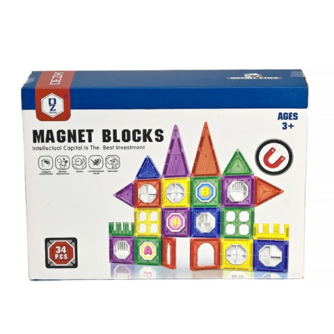 Seturi de constructie magnetice - Joc magnetic de constructie pentru copii, 34 piese, diverse forme si culori, 3 ani+