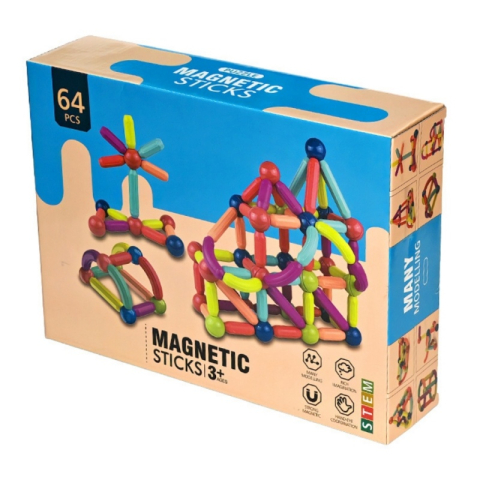 Seturi STEM pentru copii - Joc magnetic de constructie STEM Magnetic Sticks, 64 piese, 3 ani+