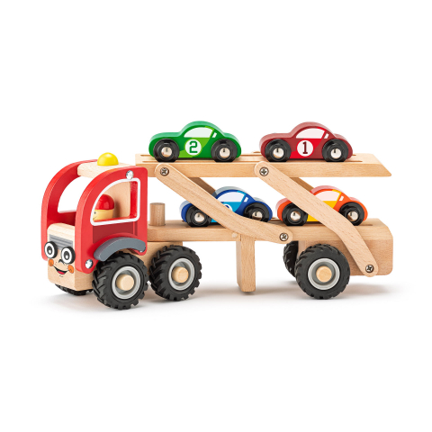 Mașinuțe copii - Jucărie din lemn – Camion cu mașini de curse (set cu rampă)
