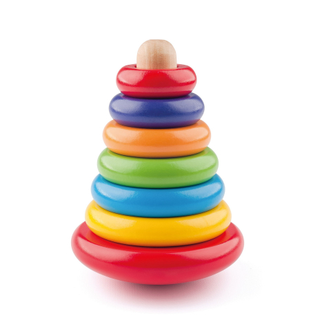 Jucarii Bebelusi - Jucărie din lemn de stivuit – Piramidă cu inele colorate pentru copii
