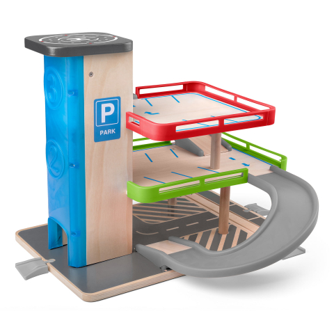 Seturi de joacă cu mașini - Jucărie din lemn – Garaj cu lift și accesorii (3 niveluri)