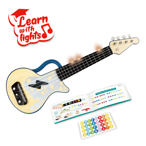 Jucarii muzicale - Jucărie din lemn – Ukulele (chitara) albastru cu lumini, pentru copii (învață să cânți)