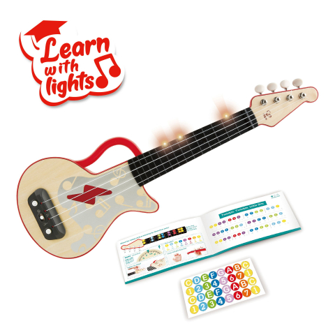 Jucarii muzicale - Jucărie din lemn – Ukulele roșu cu lumini, pentru copii (învață să cânți)