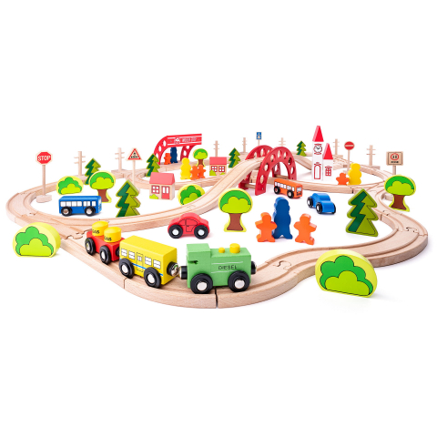 Jucărie din lemn – Set tren cu pod și barieră (90 piese) [0]