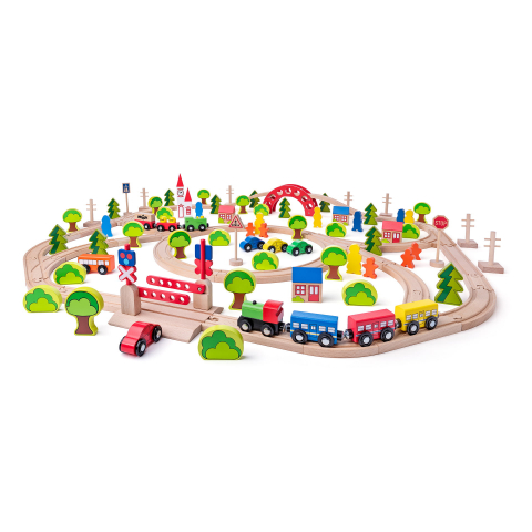 Trenulețe copii - Jucărie din lemn – Set tren maxi cu accesorii (120 piese)
