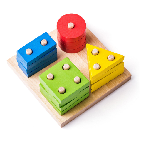 Jucarii Bebelusi - Jucărie din lemn – Tablă de sortat și stivuit forme geometrice