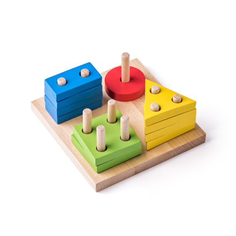 Jucărie din lemn – Tablă de sortat și stivuit forme geometrice [1]
