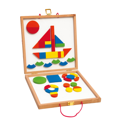 Jocuri educative - Jucărie din lemn – Tablă magnetică cu forme geometrice și carduri