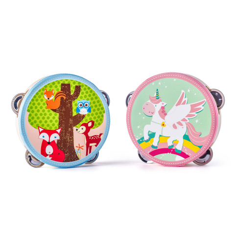 Jocuri si articole copii - Jucărie din lemn – Tamburină copii (15 cm) Unicorni / Prieteni din pădure – modele diverse