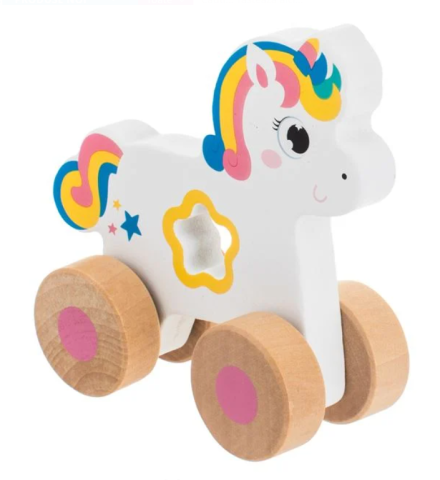 Jocuri si articole copii - Jucarie din lemn unicorn cu 4 roti, 11x5x11 cm, +6 luni