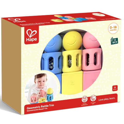 Jucarii Bebelusi - Jucărie din orez – Zdrăngănitoare trio cu forme geometrice (eco, sigure pentru bebeluși)