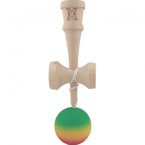 Jucărie Kendama X Originală Profesională Flippy, din lemn, Rubber Grip, 18 cm, gradient galben/verde/rosu [2]