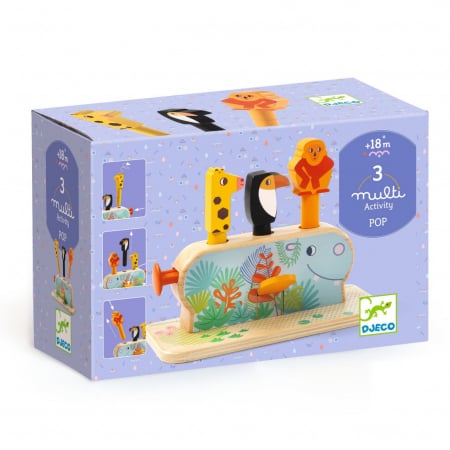 Jucarii de sortat si motricitate - Jucarie pop-up multi activity cu 3 animale,lemn,+18 luni