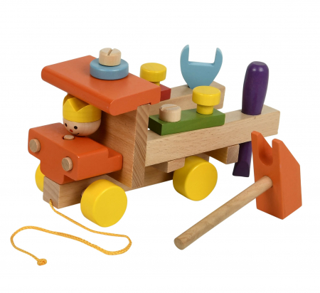 Jucarii de sortat si motricitate - Set de joaca camion din lemn cu scule