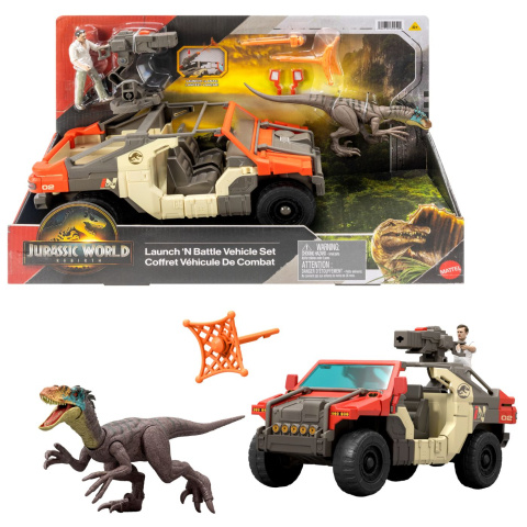 Vehicule și mașinuțe - JURASSIC WORLD REBIRTH SET VEHICUL DE LUPTA LAUNCH N BATTLE CU FIGURINE SI ACCESORII