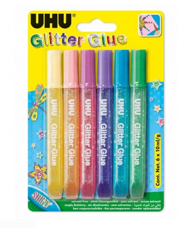 Produse art & craft-Lucru manual - Lipici lichid fosforescent cu sclipici colorat UHU â€“set 6 bucati