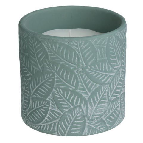 Decoratiuni - Lumanare citronella anti tantari in ghiveci ceramica, model frunze tropicale,550 g