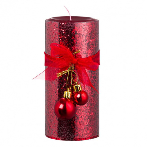 Decoratiuni - Lumanare decorativa pentru Craciun rosu glitter cu globulet,7x15.5 cm