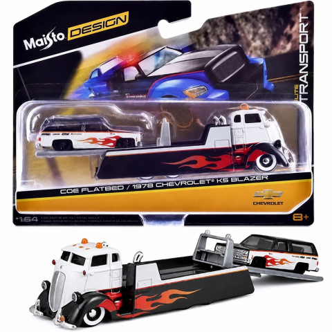 Avioane si Elicoptere jucărie - MAISTO DESIGN ELITE TRANSPORT SET CAMION CU RAMPA COE FLATBED SI MASINUTA CHEVROLET K5 BLAZER 1979 SCARA 1 LA 64